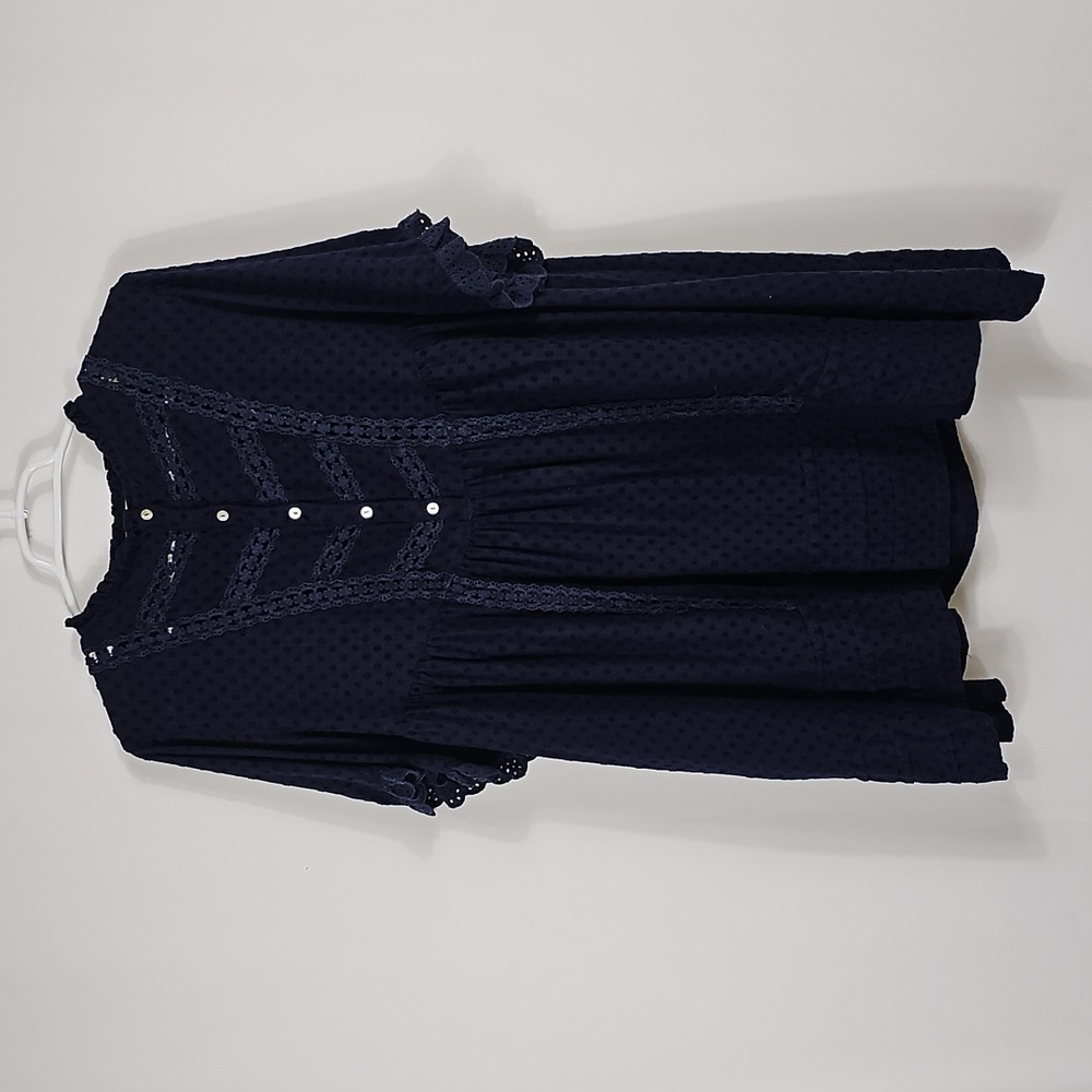 FRNCH Paris Navy Blue Eyelet Lace Mini Dress Scallop High Neck Swiss Dot Boho M - Picture 4 of 12